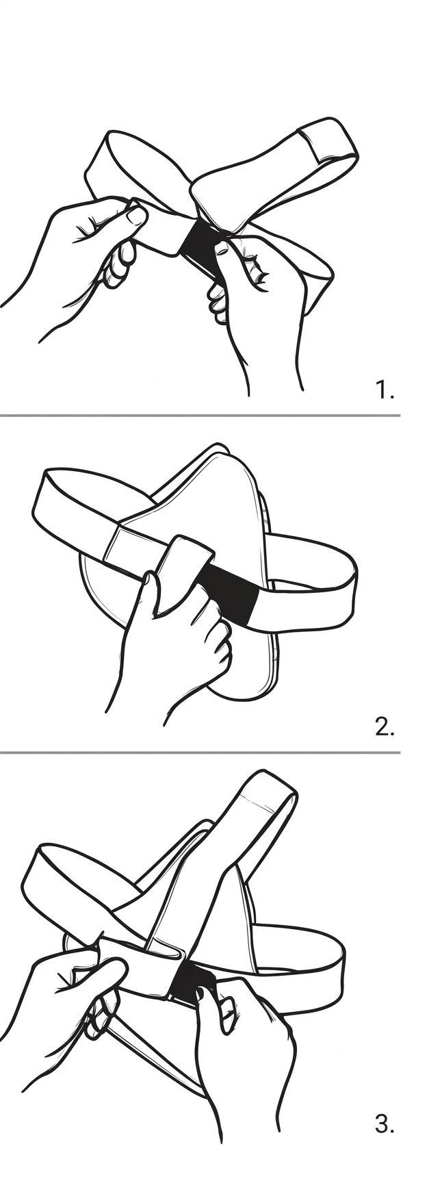 Step-by-step illustration showing how to put on a headlamp, starting with removing the headlamp from its package, then adjusting the strap, and finally securing the headlamp on the head.