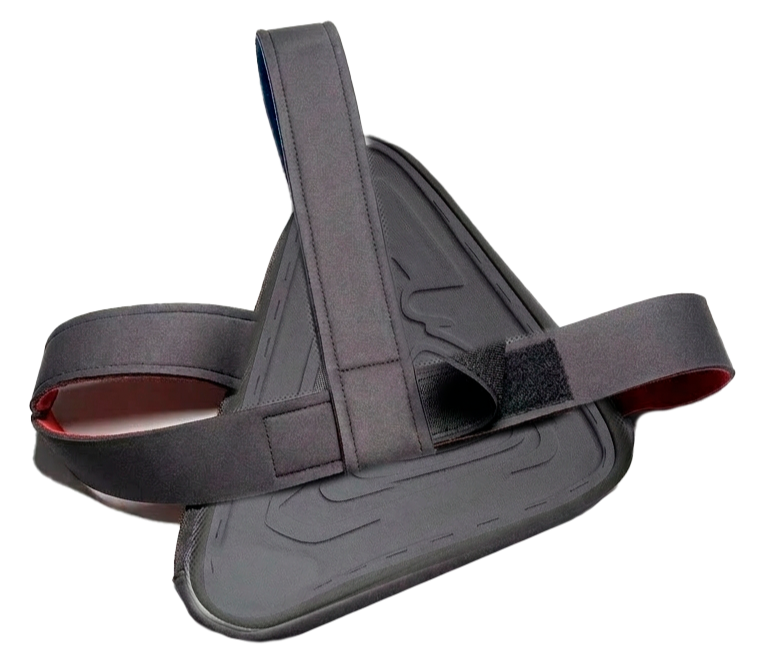 A virtual reality headset with a strap and a case.