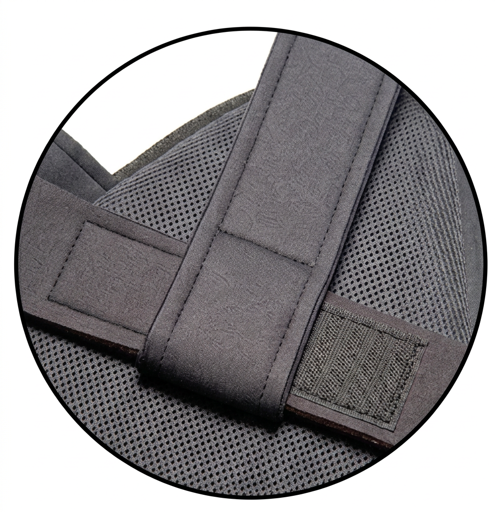 Close-up of a gray backpack strap with velcro and mesh padding.