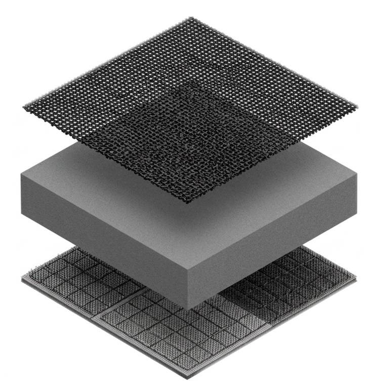 A digital illustration showing the layers of a microprocessor chip, including a silicon wafer and various circuit layers.