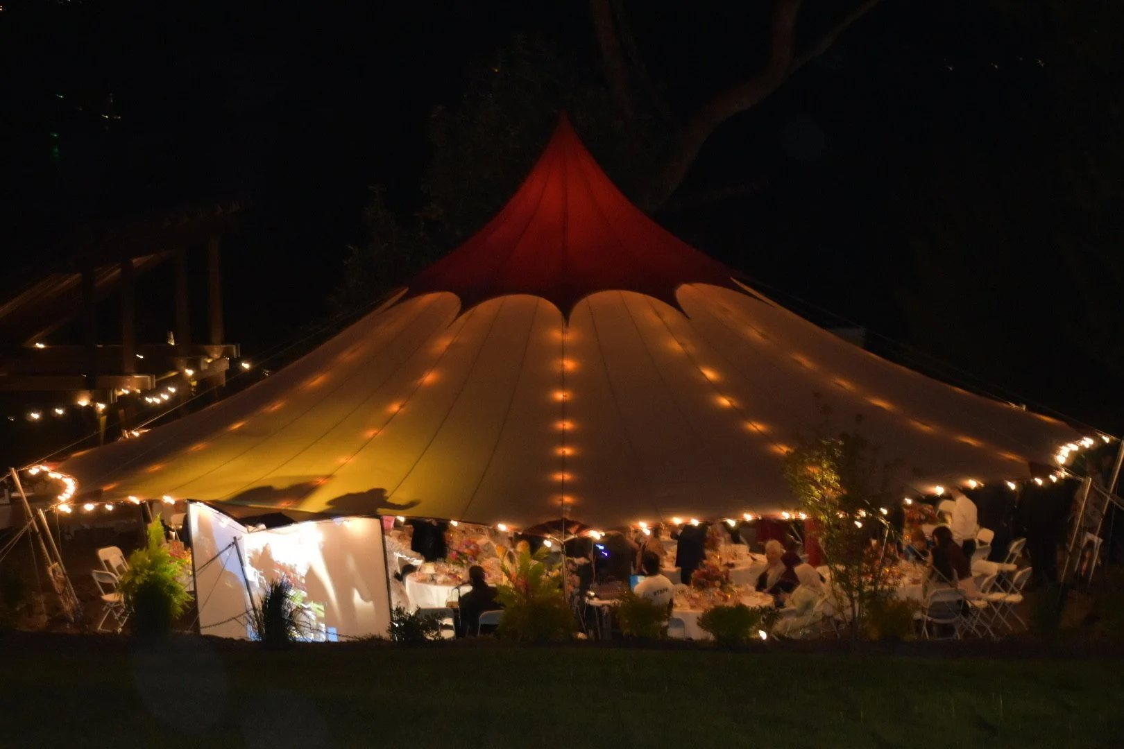 Nighttime outdoor gathering under a large illuminated tent with string lights and guests seated at tables.
