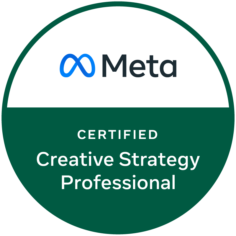 Meta certification badge reading 'Certified Creative Strategy Professional' in green and white