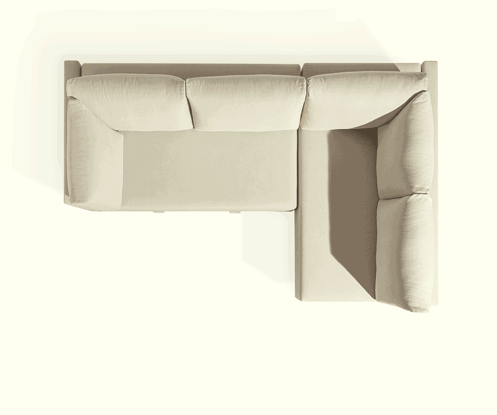 Top view of a beige sectional sofa bed showing how it unfolds.