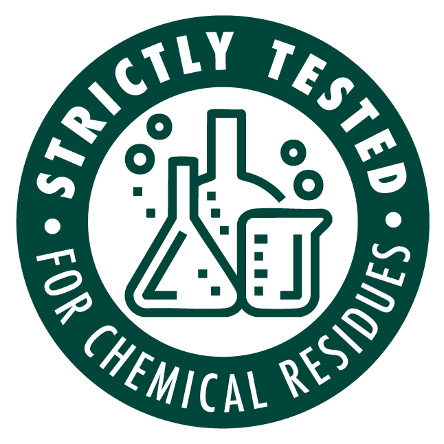 Icon with text 'Strictly Tested for Chemical Residues' and chemical flasks illustration.