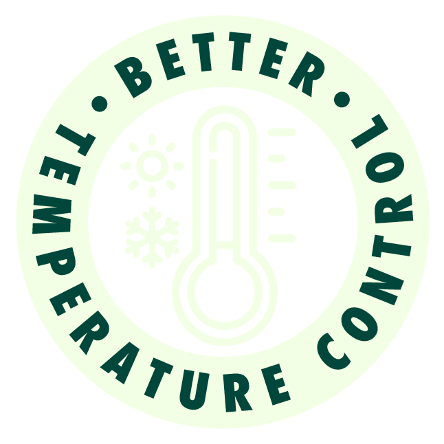 Icon with a thermometer, sun, and snowflake, surrounded by the text 'Better Temperature Control.'