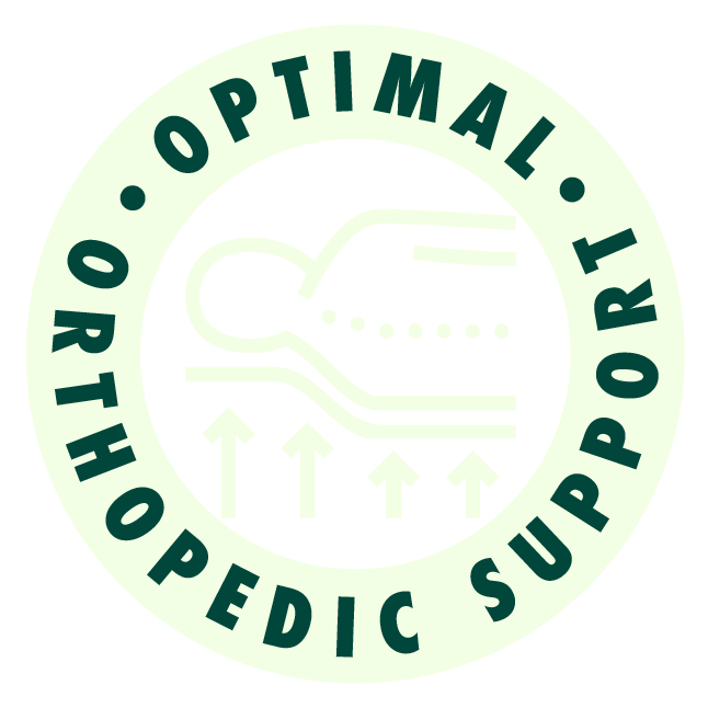 Optimal orthopedic support icon with illustration of a person lying on a mattress.