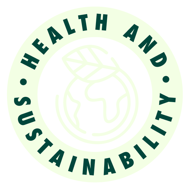 Icon featuring the words 'Health and Sustainability' surrounding a globe with a leaf.