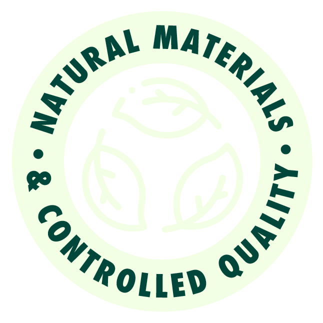 Icon with three leaves in the center and text "Natural Materials & Controlled Quality" around the edge.