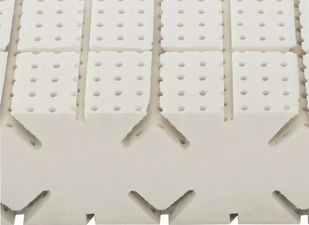 Close-up of perforated latex mattress with a grid pattern.
