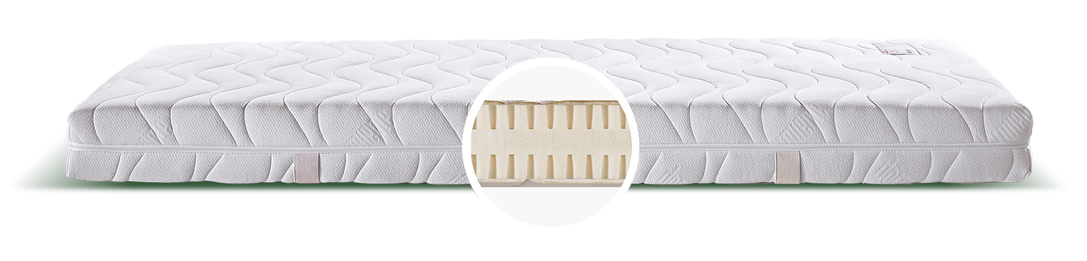 A white mattress with a cutaway view showing the interior layers.