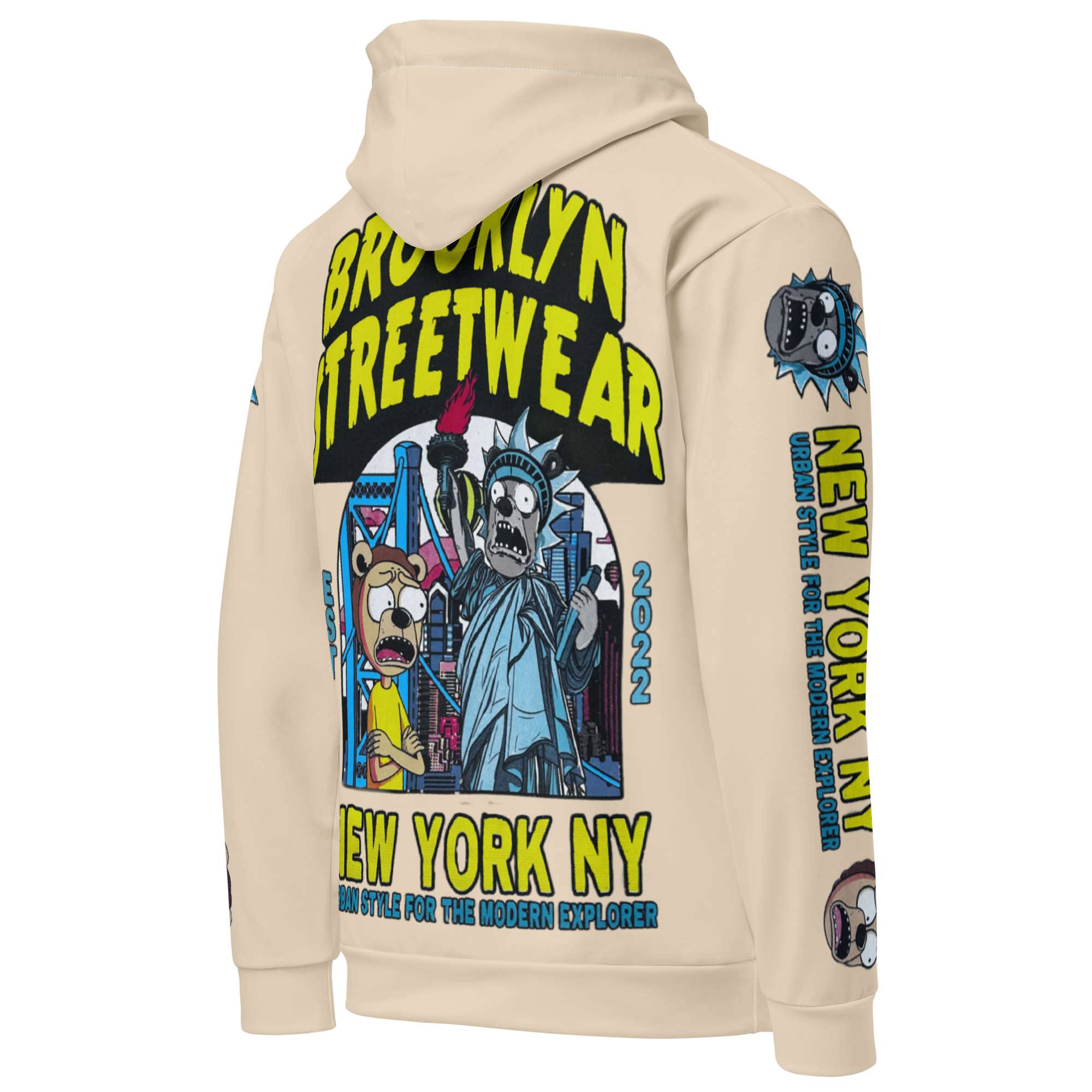 A beige hoodie with colorful graphic designs featuring the Statue of Liberty and a cartoon bear in New York City, with text that reads "Brooklyn Streetwear, New York NY, Urban Style for the Modern Explorer, London."