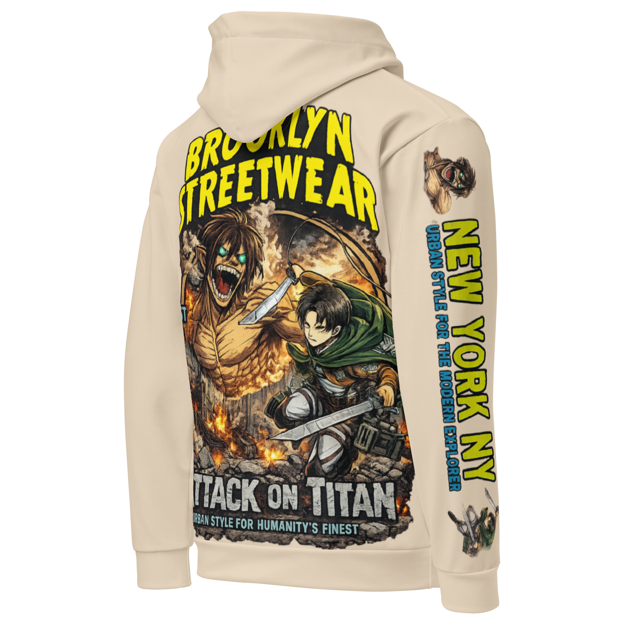 A hoodie featuring a comic-style illustration of a battle scene from Attack on Titan, with characters attacking a giant. The hoodie has bold text reading 'Brooklyn Streetwear,' 'New York,' and 'Urban Style for Humanity's Finest.'