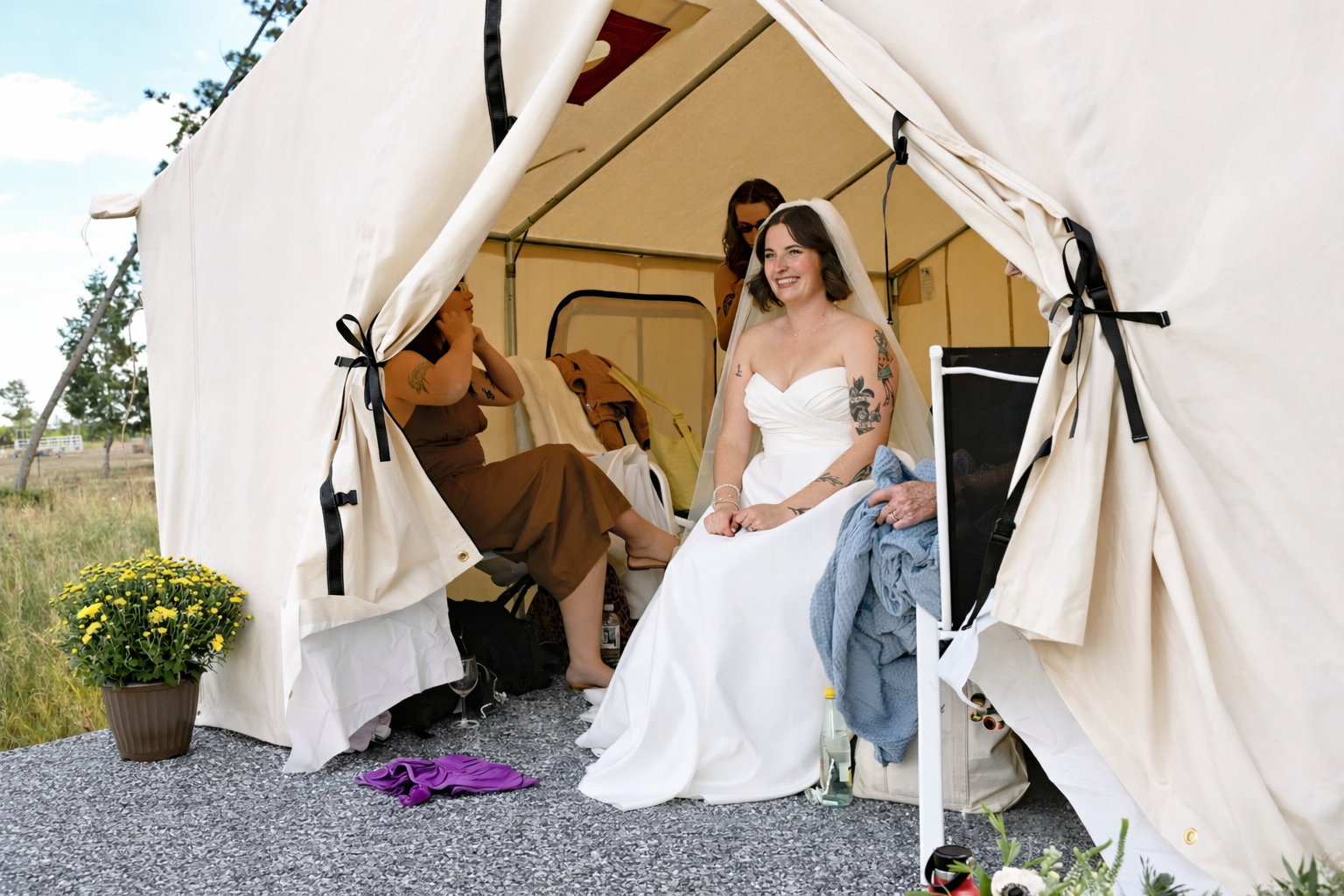 Bride in glamping tent in Conifer, CO.