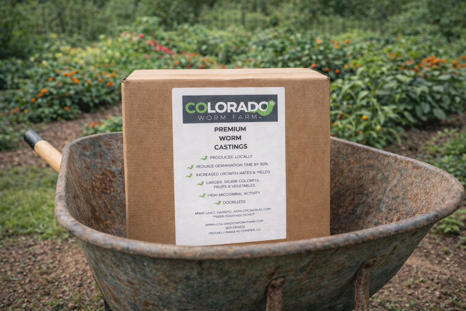 XL large box of worm castings which is great for an entire garden or for several gardens.  Worm castings naturally replenish your soils and are made locally in Conifer, CO.