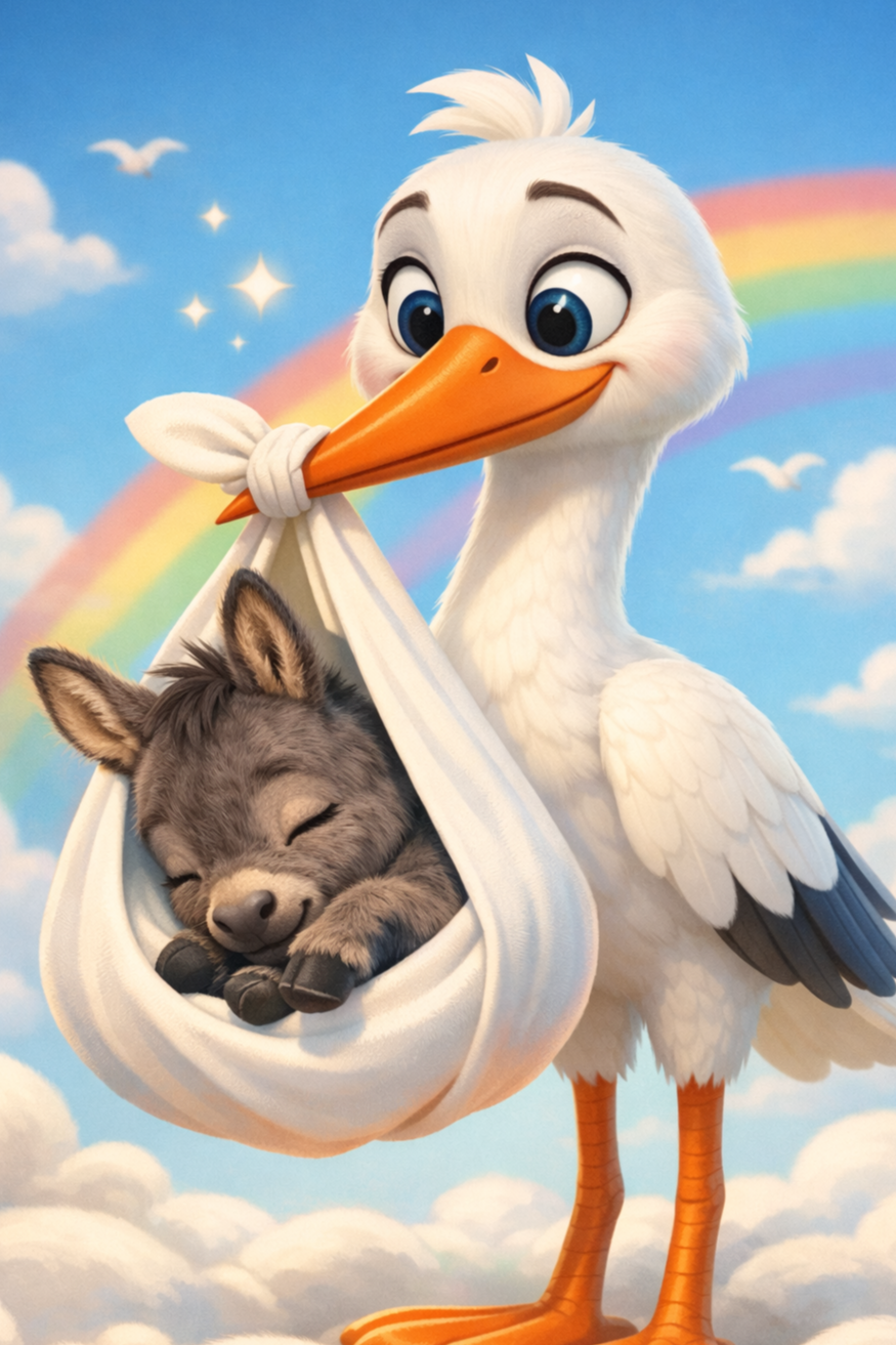 Animated stork holding a cloth bundle containing a sleeping gray wolf pup, with a rainbow and clouds in the background.
