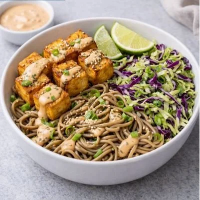 Crispy Tofu Peanut Noodle Bowl