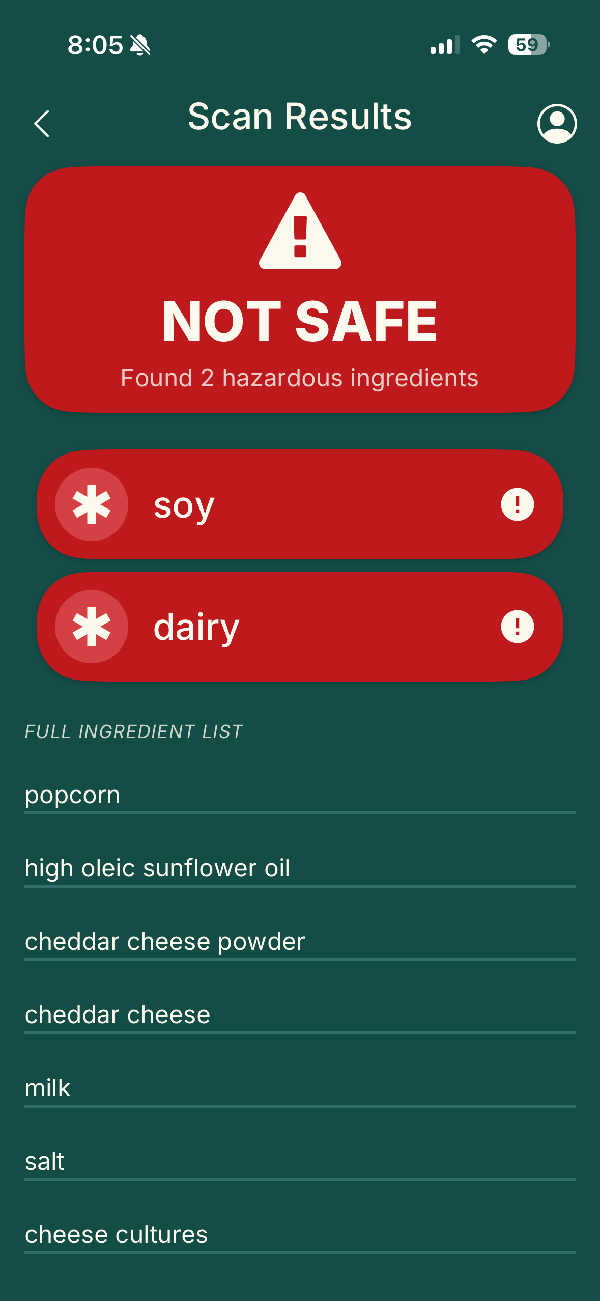 Mobile app screen displaying a warning message that the ingredients are not safe for the specific user due to the item containing soy and dairy. With a full list of ingredients scanned and checked for user allergens below.