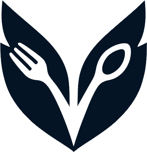 A logo featuring a fork and a spoon crossed inside a shield-shaped outline with leaf-like elements.