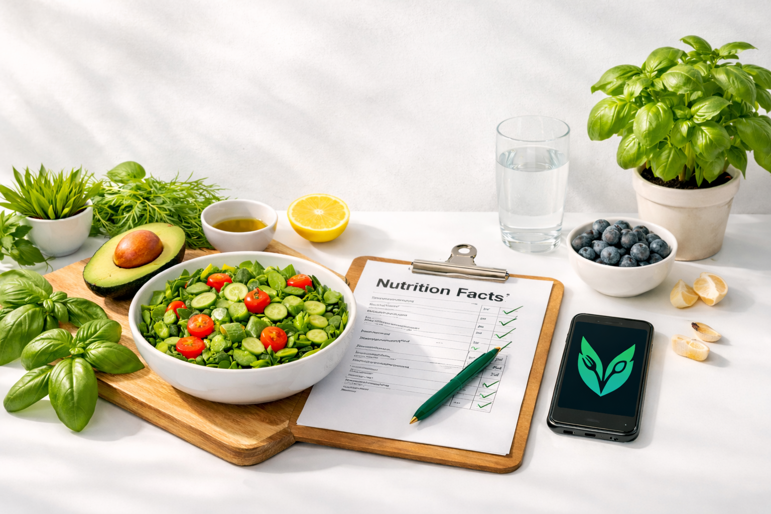 A table with fresh vegetables, a bowl of salad, herbs, avocado, blueberries, lemon, and a glass of water. Also, a nutrition facts sheet, a pen, a smartphone, and potted herbs.