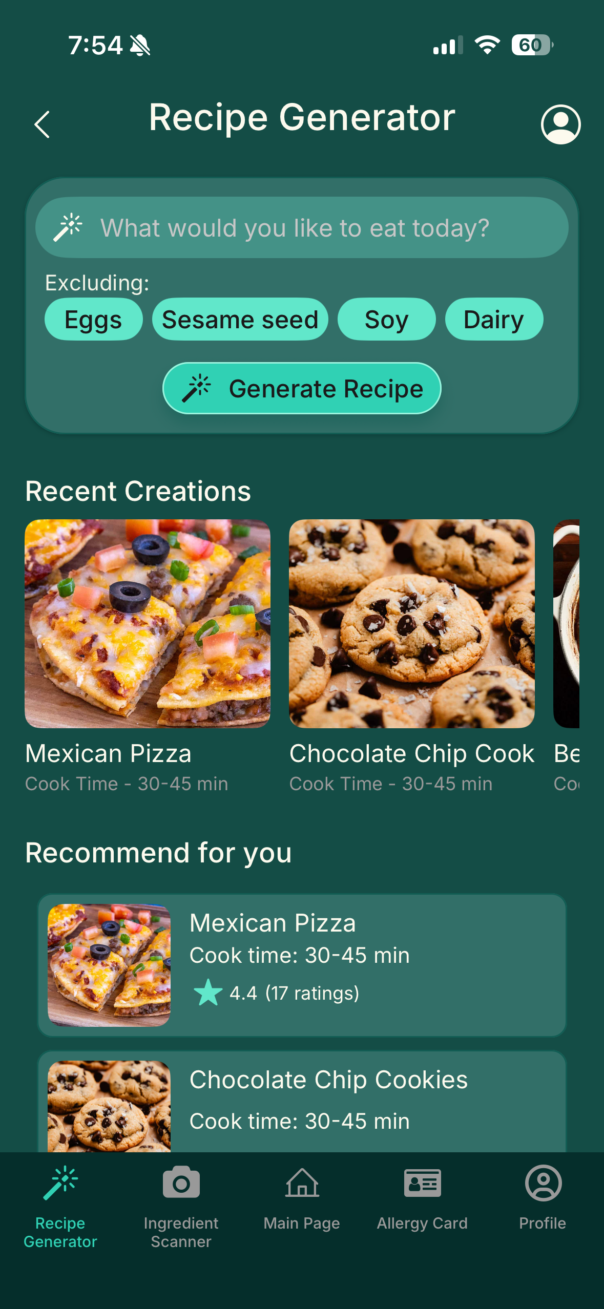 Mobile app screen for an AI powered - user specific - allergy safe - recipe generator. Showing recipes that have already been created including Mexican pizza and chocolate chip cookies.