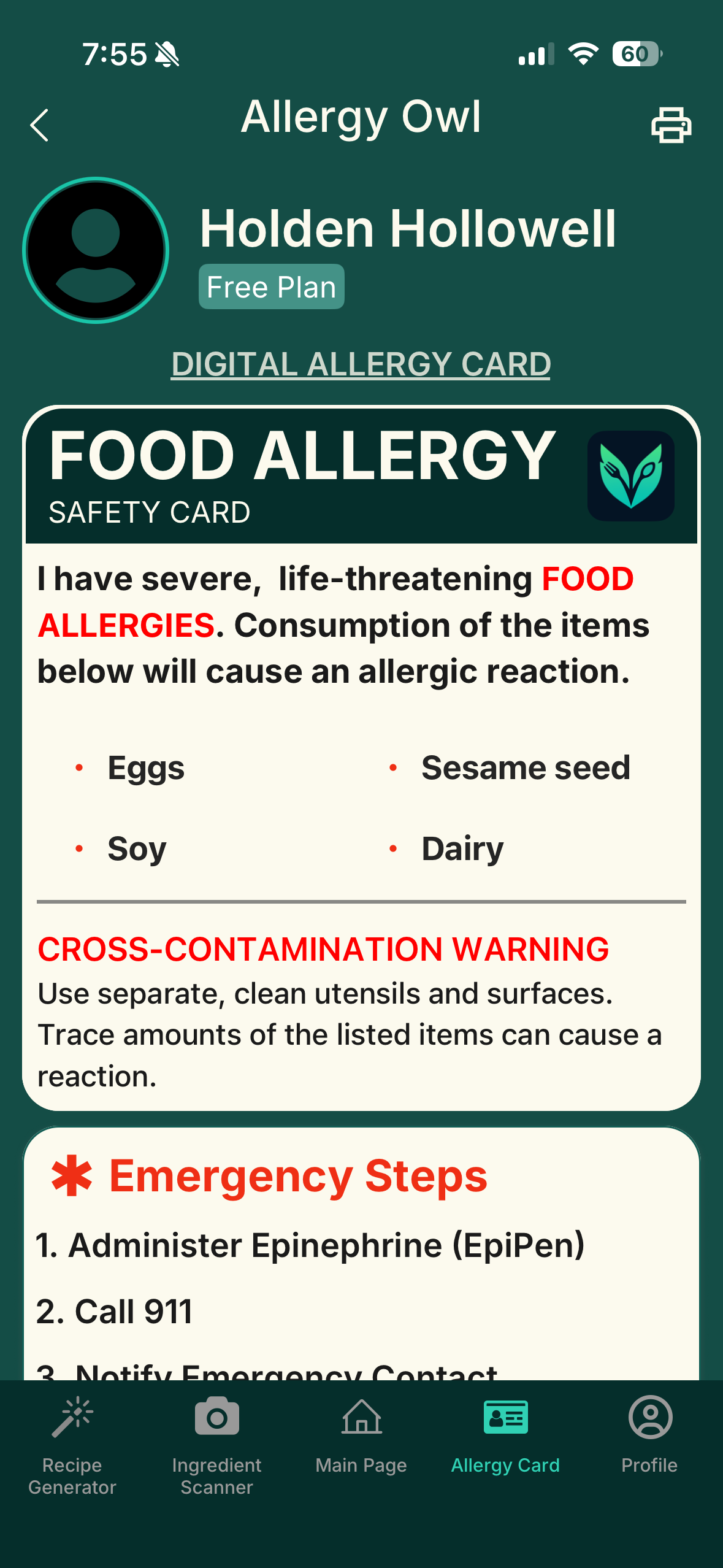 Mobile app screen of a digital allergy card depicting specific users allergies and cross-contamination warnings along with emergency steps.