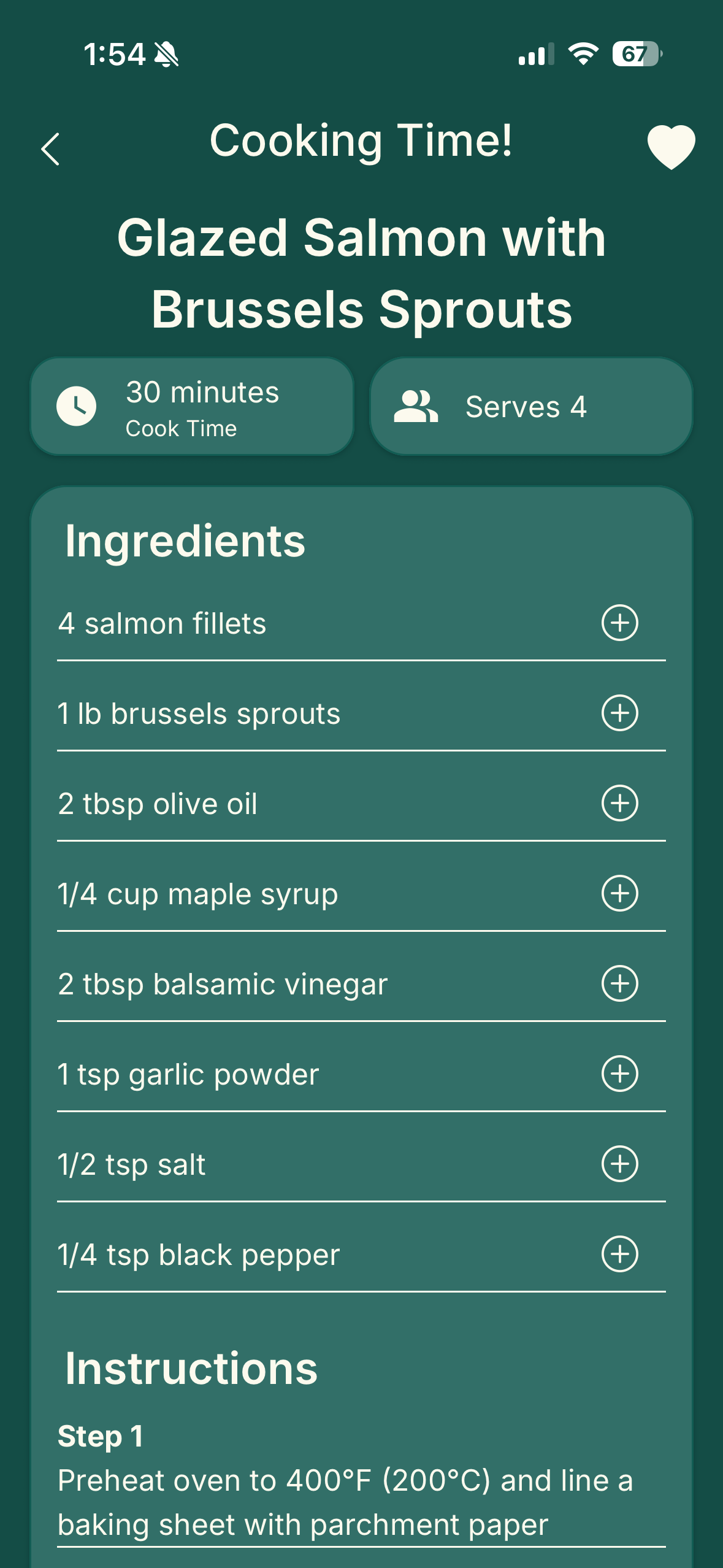 Mobile app screen. Recipe instructions and ingredients for user generated allergy save recipes.