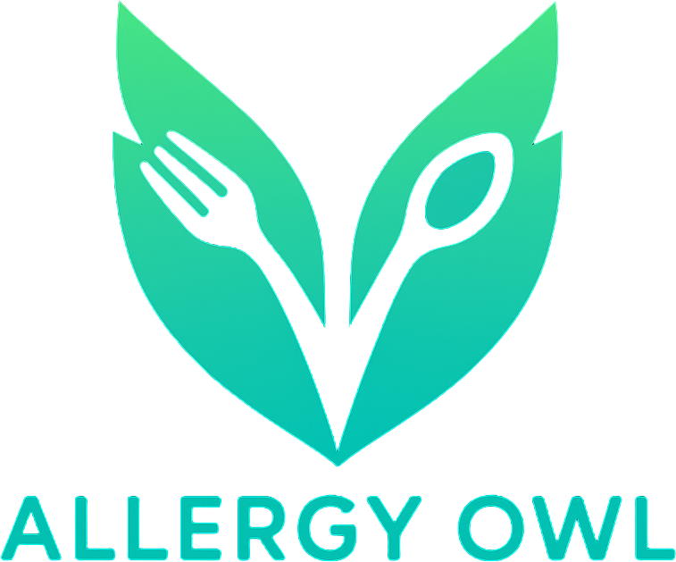 A digital illustration featuring a heart shape with a fork and spoon inside, surrounded by a leaf motif, with the text 'ALLERGY OWL' beneath it.
