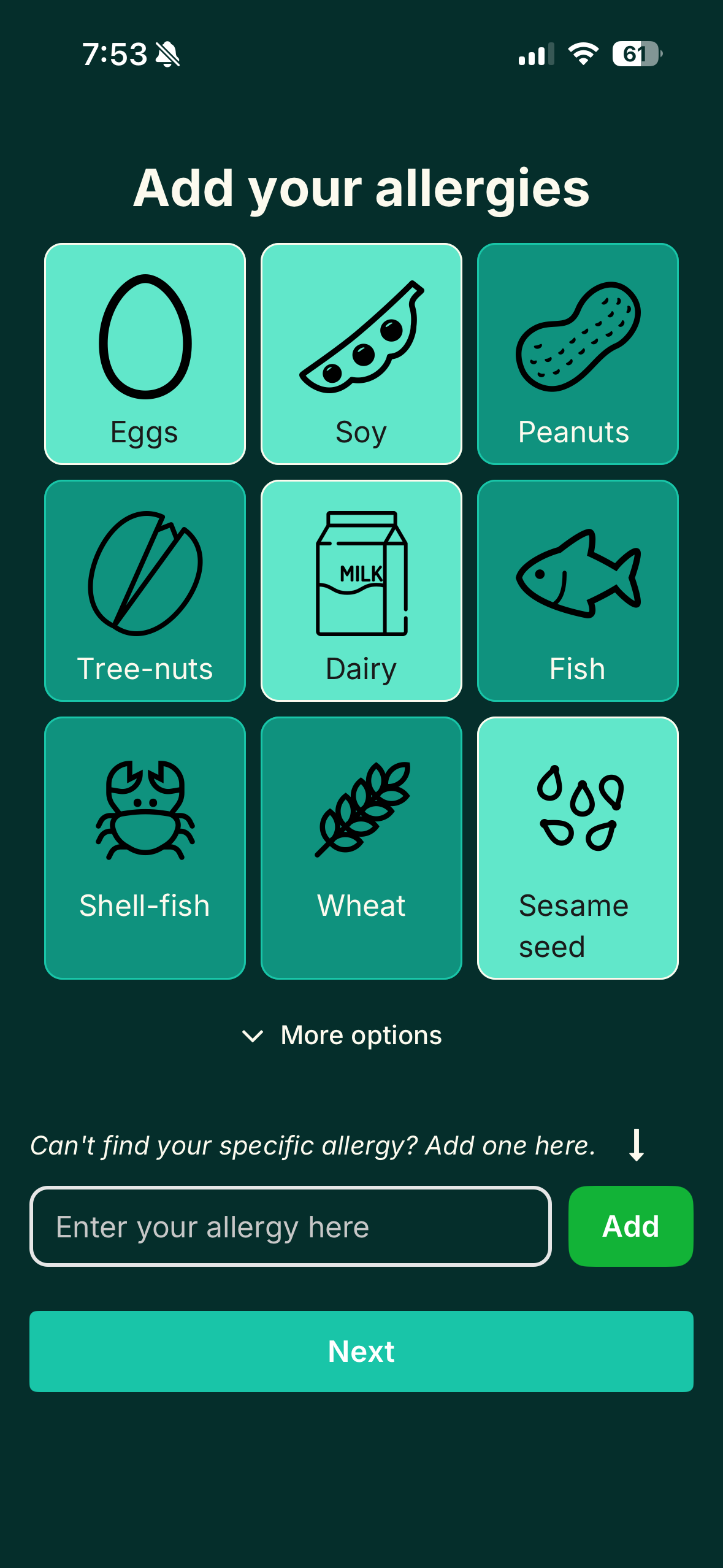 Mobile app screen for adding user allergies, showing options for the top 9 allergens, with an option to see a longer list or add your own custom allergy