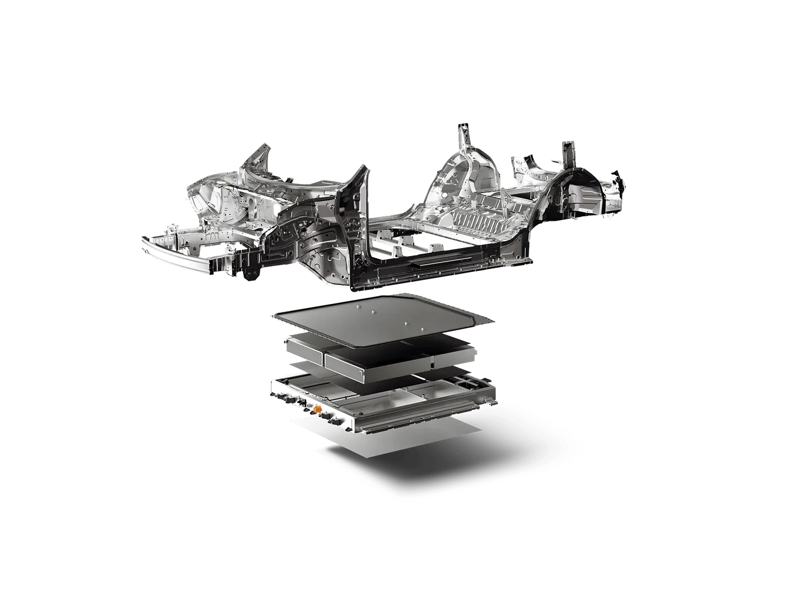 Estructura metálica del chasis de un automóvil con componentes electrónicos y partes internas expuestas.