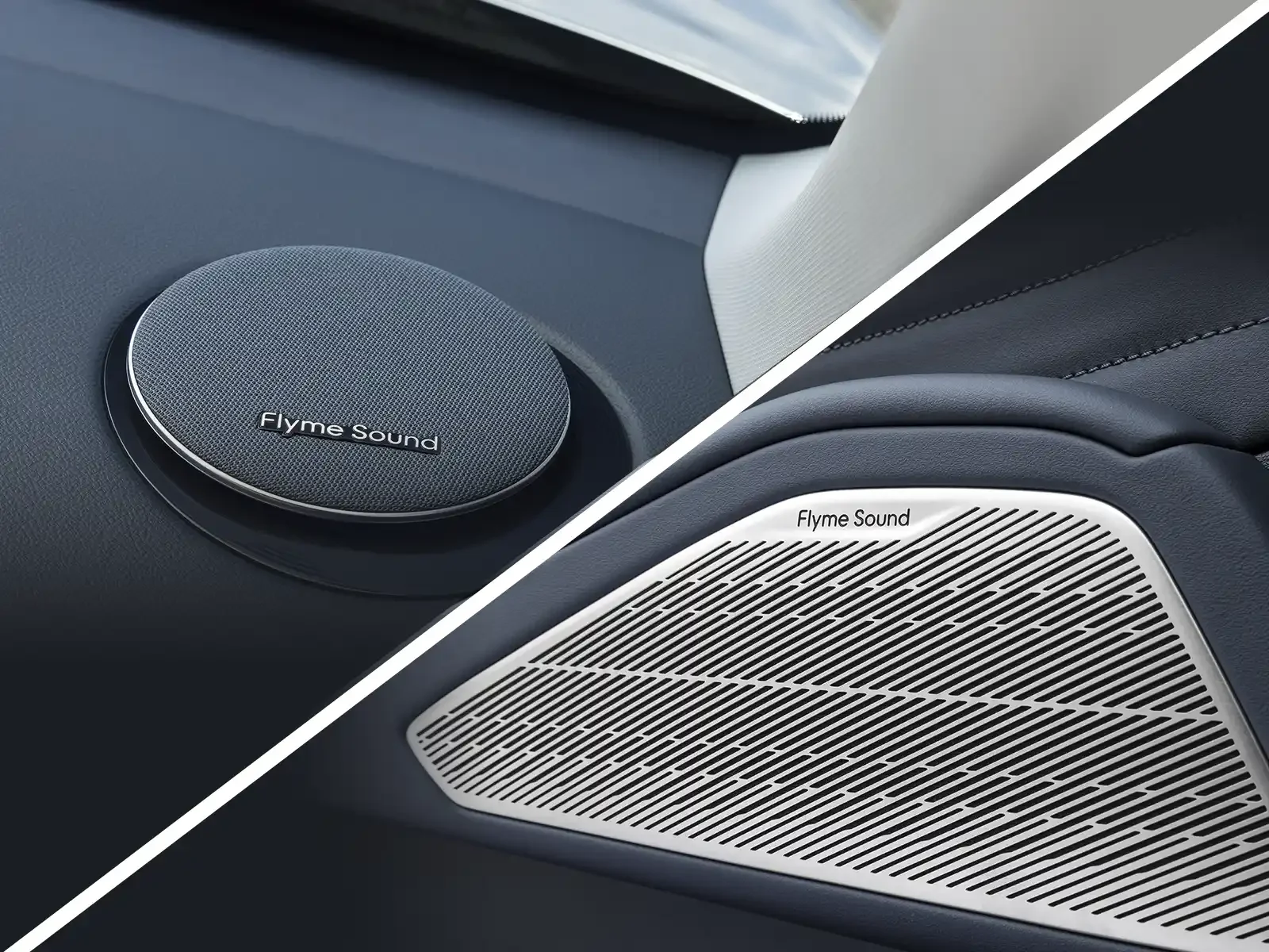 Comparación entre dos altavoces de la marca Flyme Sound, uno en un fondo oscuro y otro con un diseño en línea y fondo claro en el interior de un vehículo.