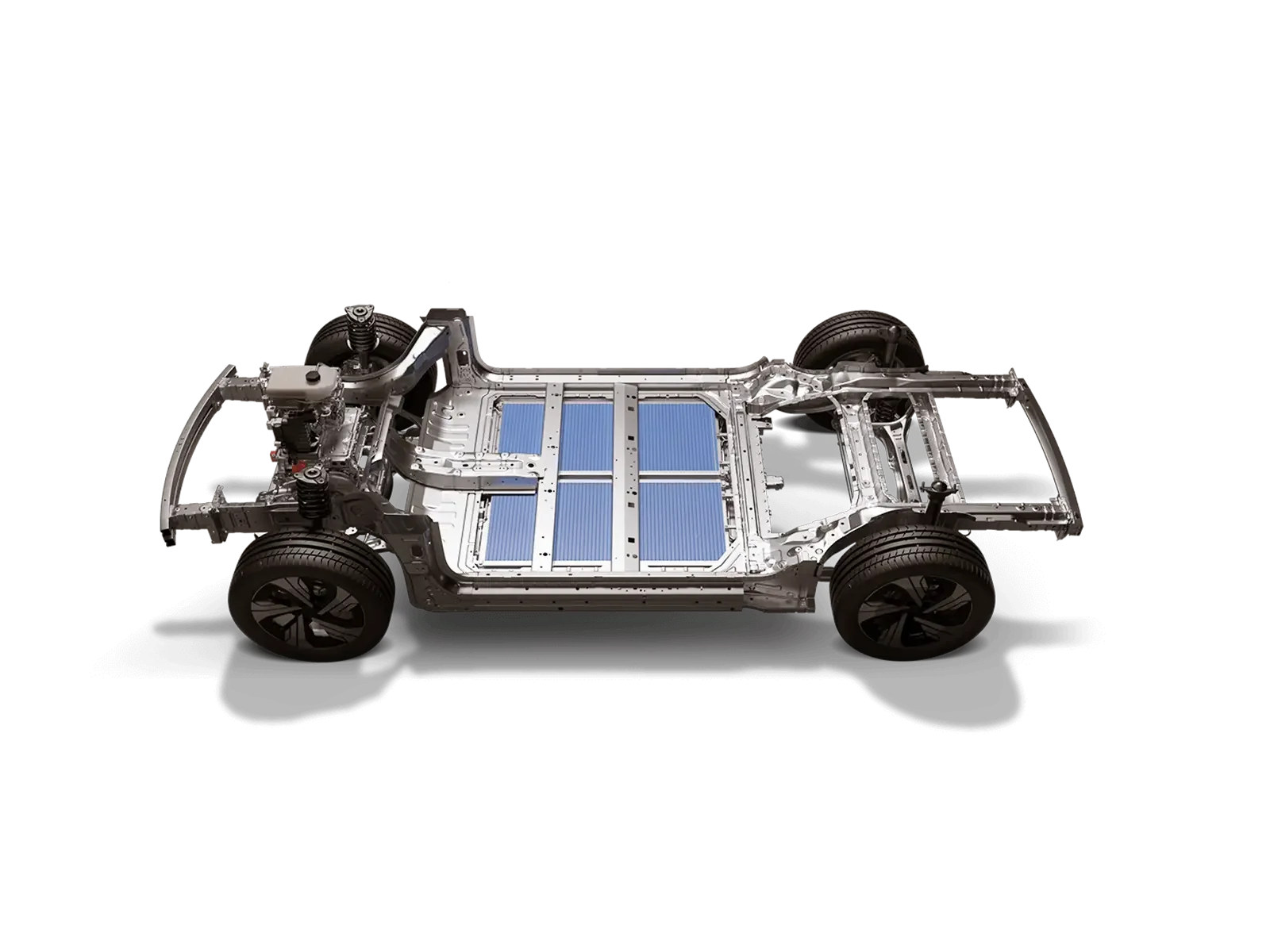 Imagen de la estructura interna de un coche eléctrico, mostrando las baterías y componentes del chasis.