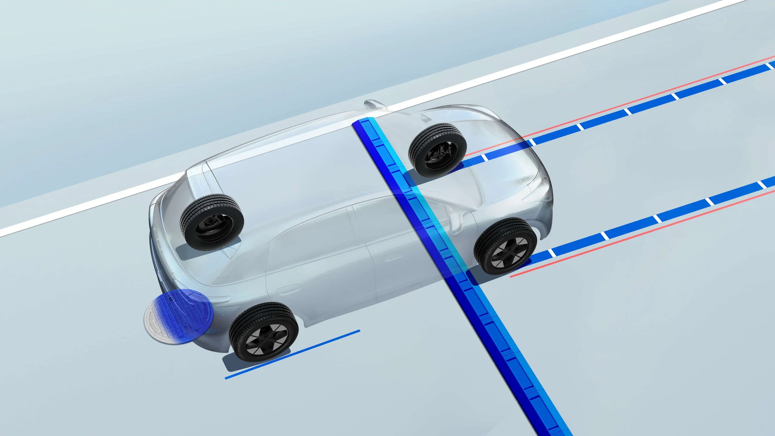 Ilustración de un vehículo con sensores de ayuda al estacionamiento y líneas guía en el suelo.
