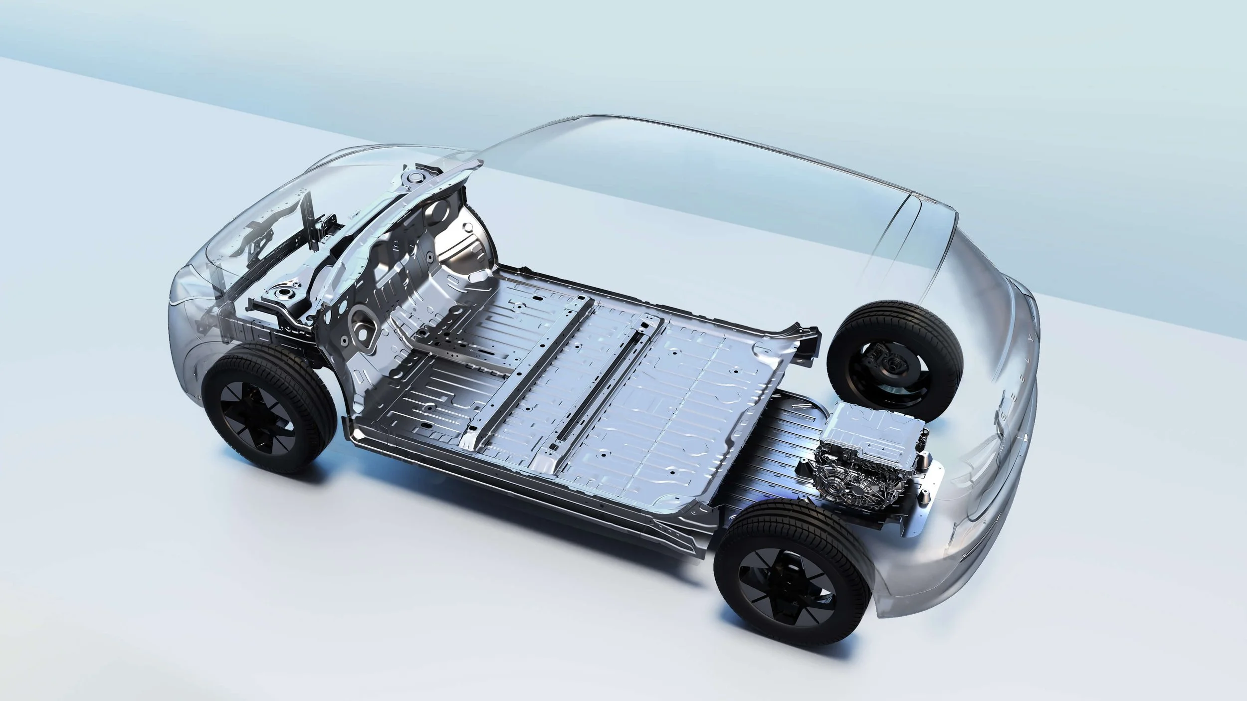 Vista interna de un coche eléctrico con partes del chasis y la batería expuestas.