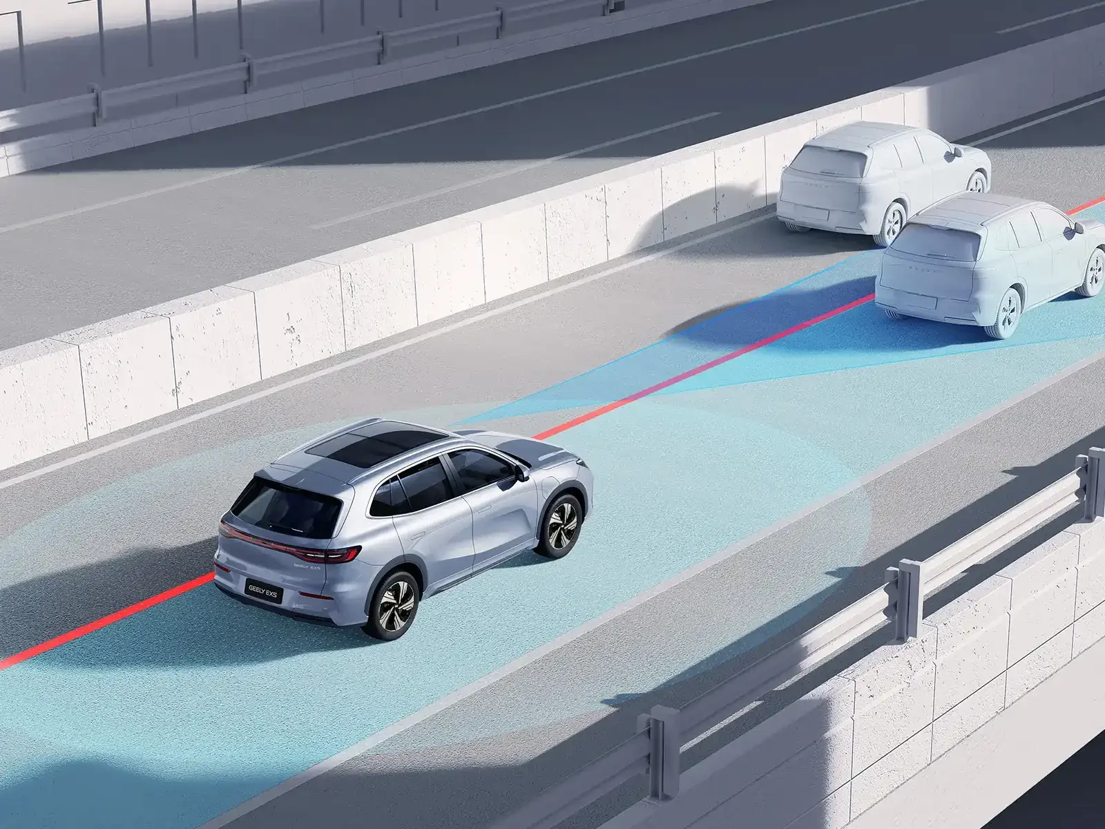 Ilustración de un vehículo autónomo utilizando sensores y tecnología de mapeo para detectar a otros vehículos y obstáculos en la carretera.