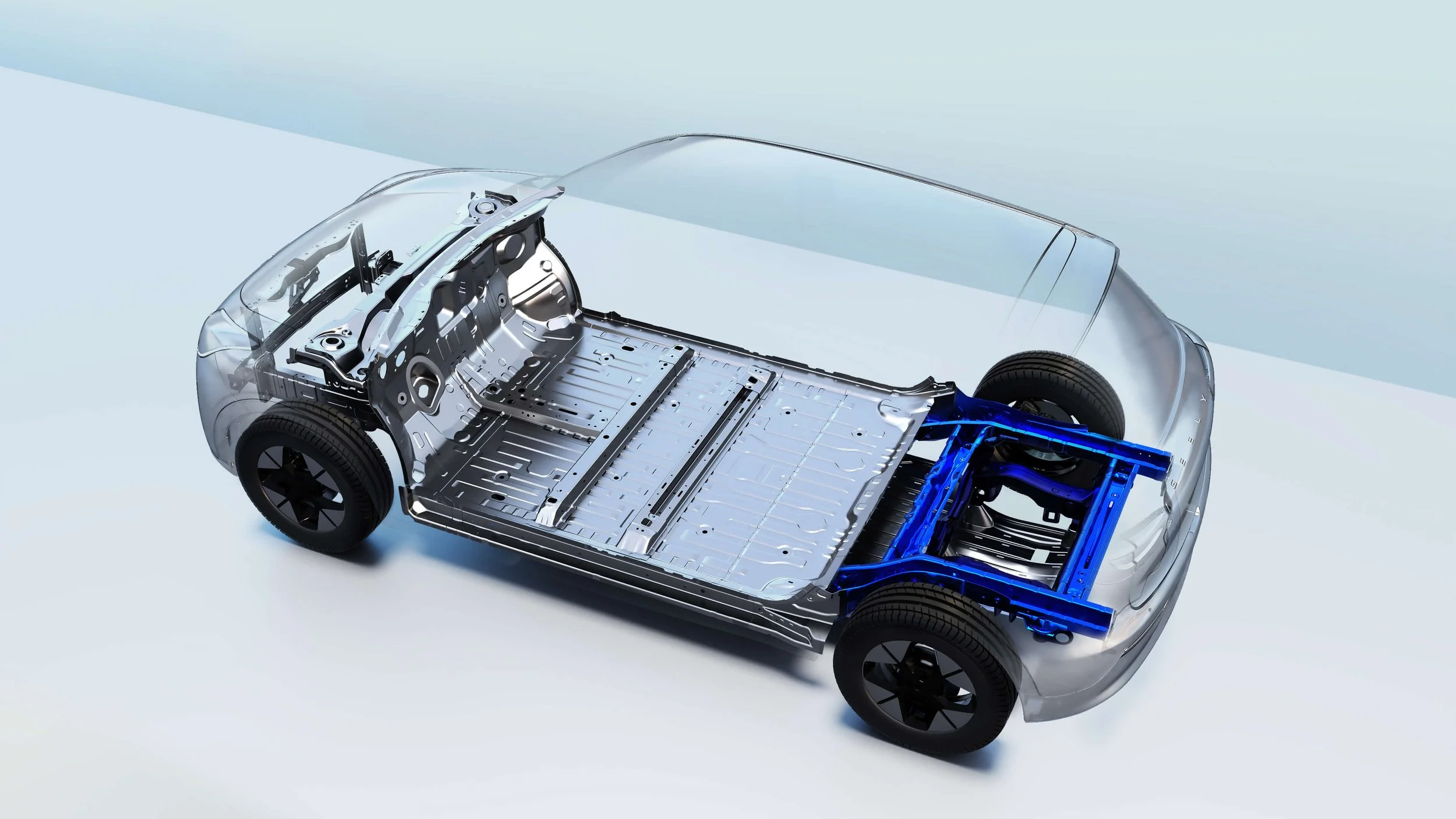 Vista de un automóvil eléctrico con su chasis y componentes internos visibles, incluyendo las ruedas, la batería y el sistema de propulsión.