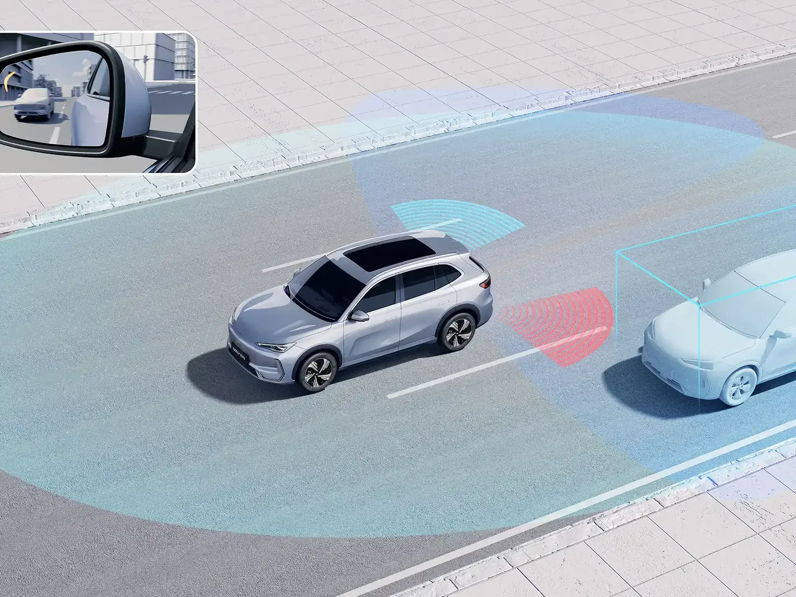 Vista de un coche plateado con tecnología de asistencia en conducción, mostrando sensores y cámaras que detectan un vehículo enfrente y proyectan las zonas de detección en la vía.