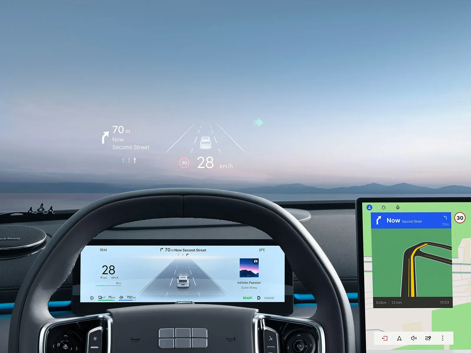 Pantalla de coche con visualización de navegación y velocidad en la carretera, con montañas al fondo y cielo despejado.