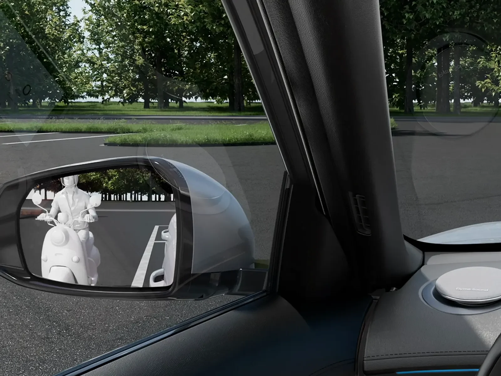 Espejo retrovisor que refleja una motocicleta sin conductor y un vehículo en un estacionamiento al aire libre con árboles.