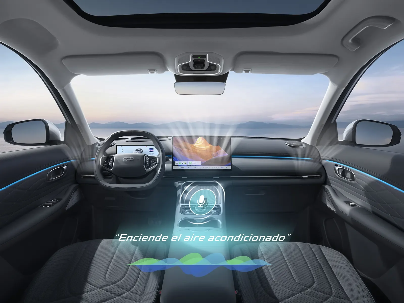 Interior de un automóvil moderno con pantalla digital y control de voz, ventana mostrando un paisaje natural y texto en español que dice 'Enciende el aire acondicionado'.