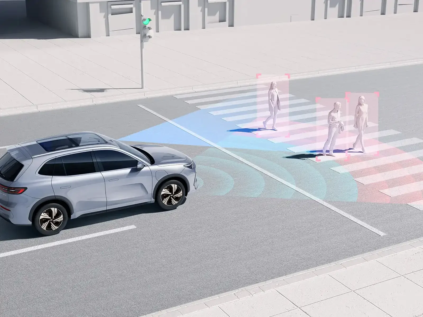 Vista de un coche que detecta peatones en un cruce peatonal con tecnología de reconocimiento y detección para seguridad