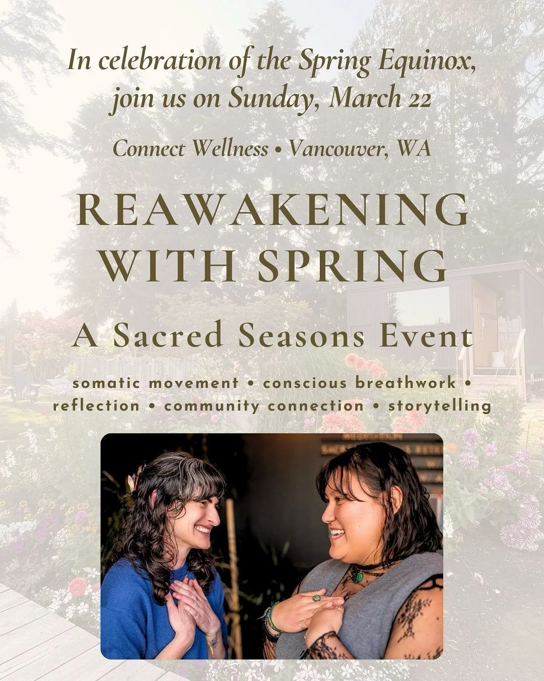 Join us &mdash; Steph (@stephsnyder_) and Nichole (@cempa.suchil.collective) for a moment of reawakening following the Spring Equinox to intentionally welcome the changing of the seasons.

We will tap into the gifts of spring through embodied movemen