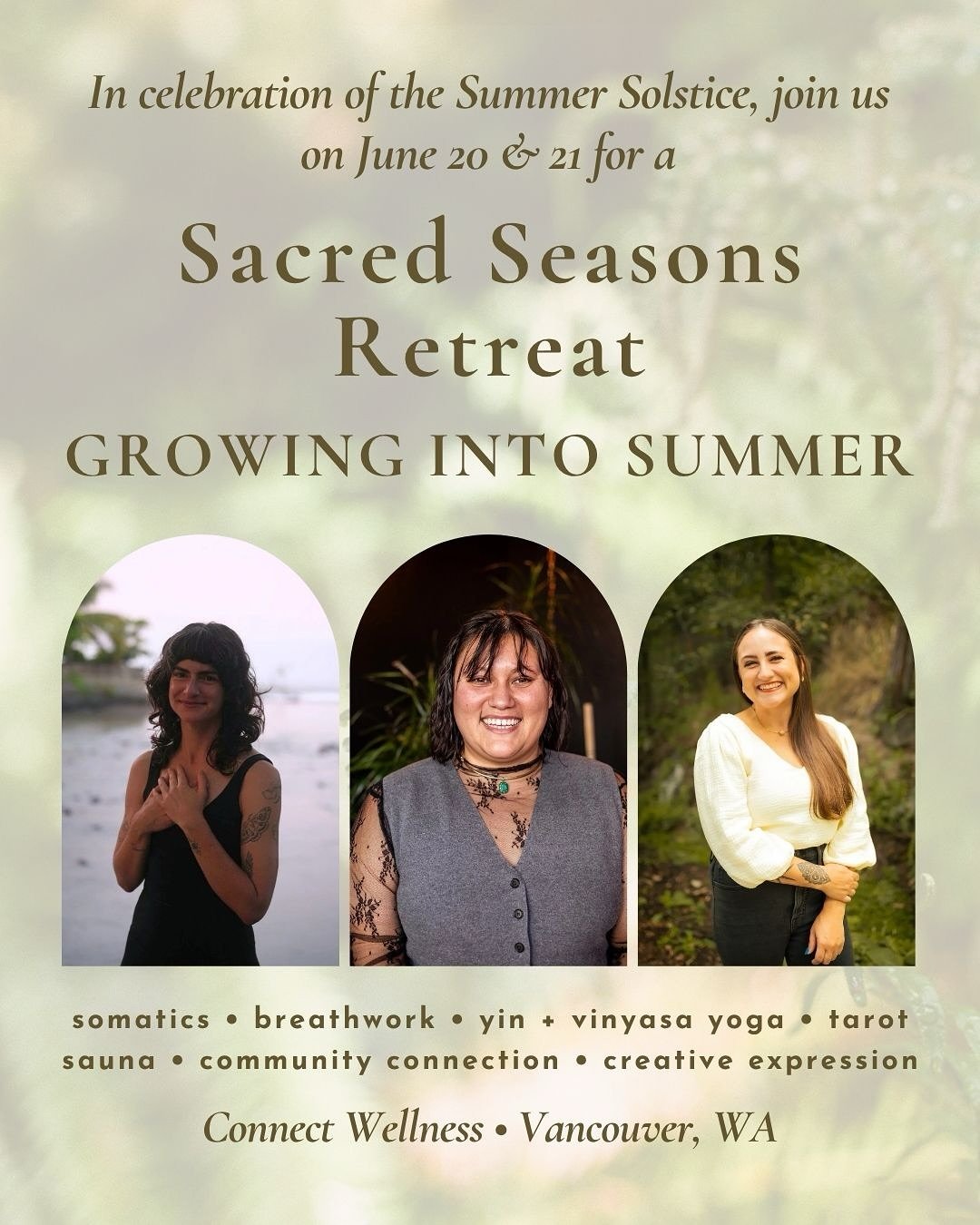 You&rsquo;re warmly welcomed to join a two-day retreat to honor the Summer Solstice at Connect Wellness, a peaceful outdoor spa in Vancouver, Washington, on Saturday, June 20 and Sunday, June 21.

Join Steph Snyder, Nichole Lopez and Taylor Pulsipher