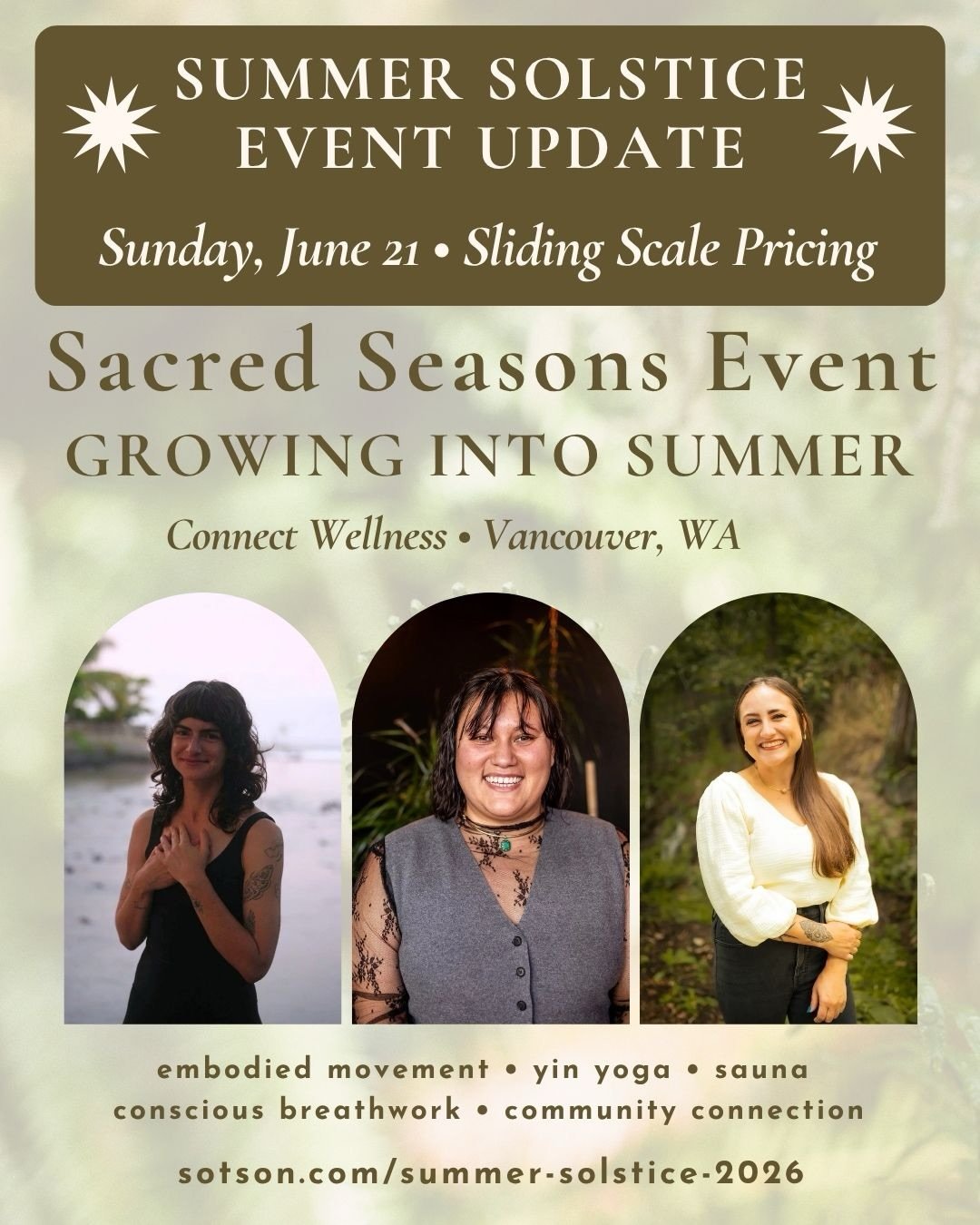 🌞 SUMMER SOLSTICE EVENT UPDATE 🌞
Sunday, June 21 &bull; Sliding Scale Pricing

After hearing feedback from our community, we decided to shift our Summer Solstice celebration to a one-day event to make this special gathering more accessible to atten