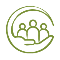 A green line drawing of a group of four people huddled together, enclosed in a circular shape.