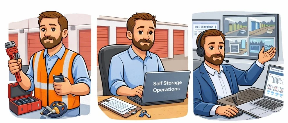 Three scenes of a man: first working as a maintenance technician with tools, second at a desk managing self-storage operations on a laptop, third monitoring security footage and data on multiple screens.