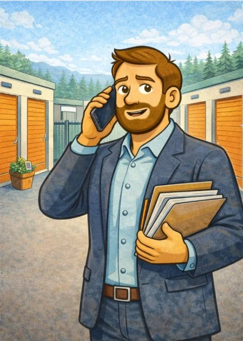 A cartoon man in a suit talking on a cellphone outside among storage units, holding folders and papers.
