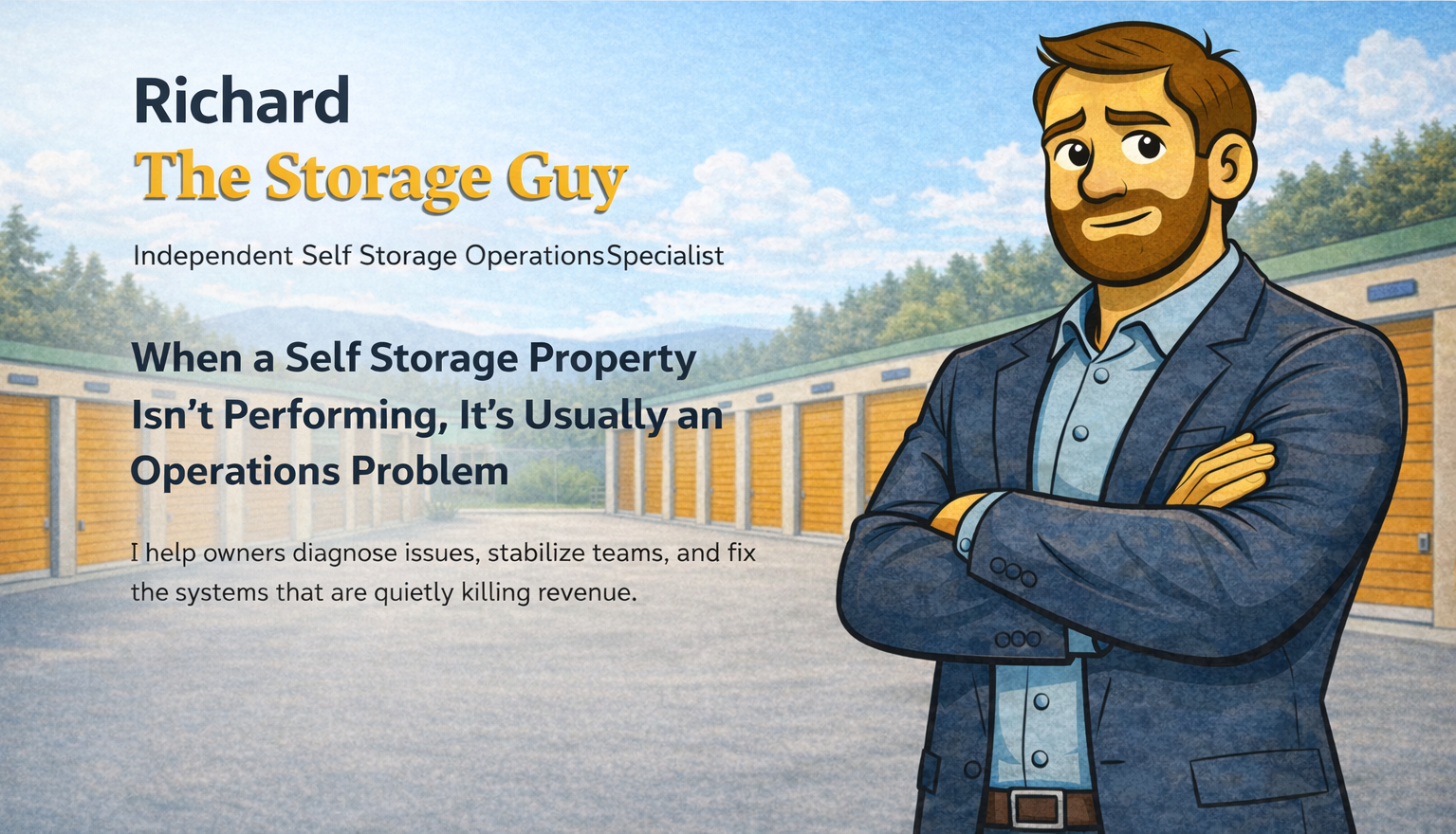 Illustration of a man with a beard in a suit, arms crossed, standing in front of self-storage units, promoting an independent self-storage operations business.