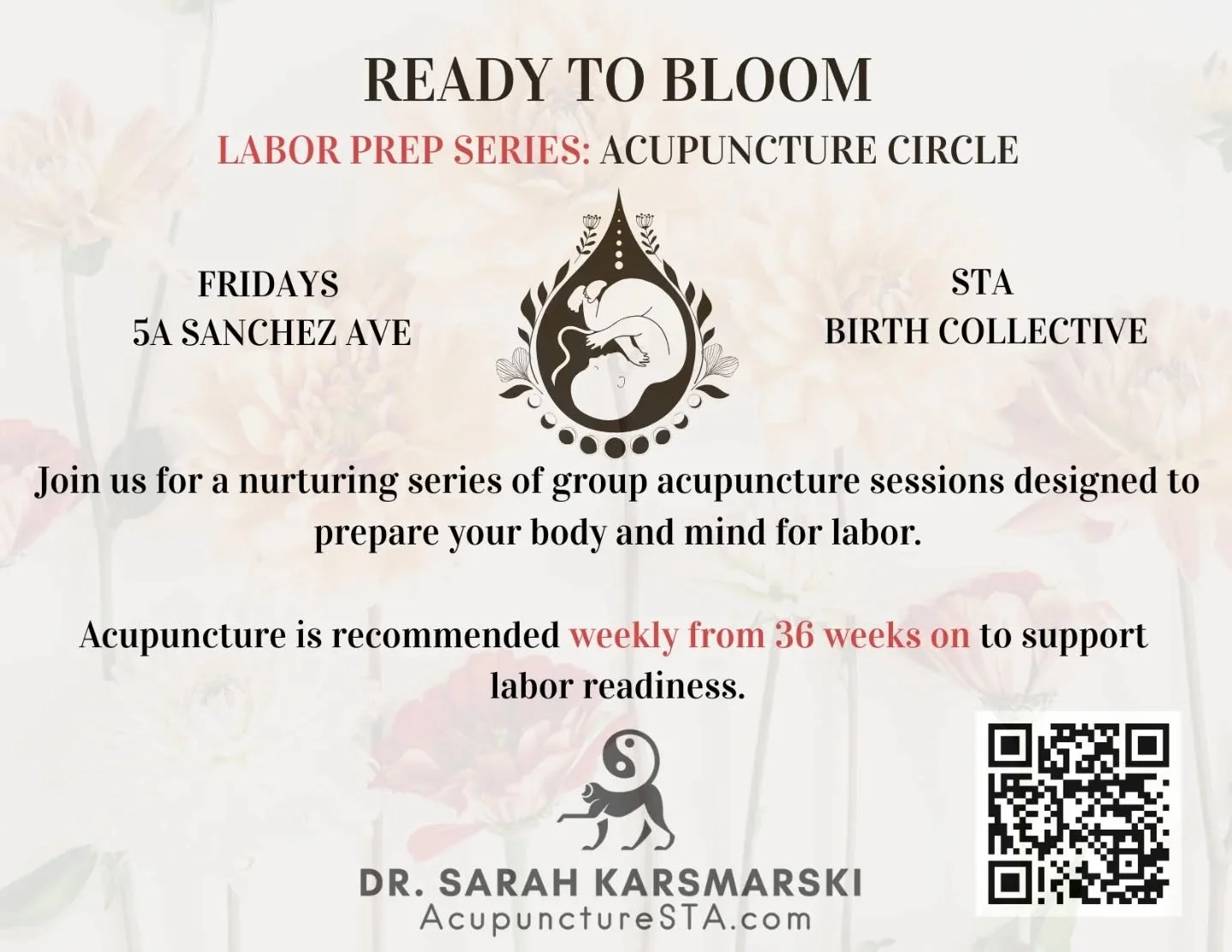 🌸 Birth Prep Circle at STA Birth Collective 🌸

I&rsquo;m so excited to begin offering weekly Birth Prep Circles at
St. Augustine Birth Collective 💕

Fridays 10-11am
5A Sanchez Ave STA

These small group sessions are designed to prepare your body a
