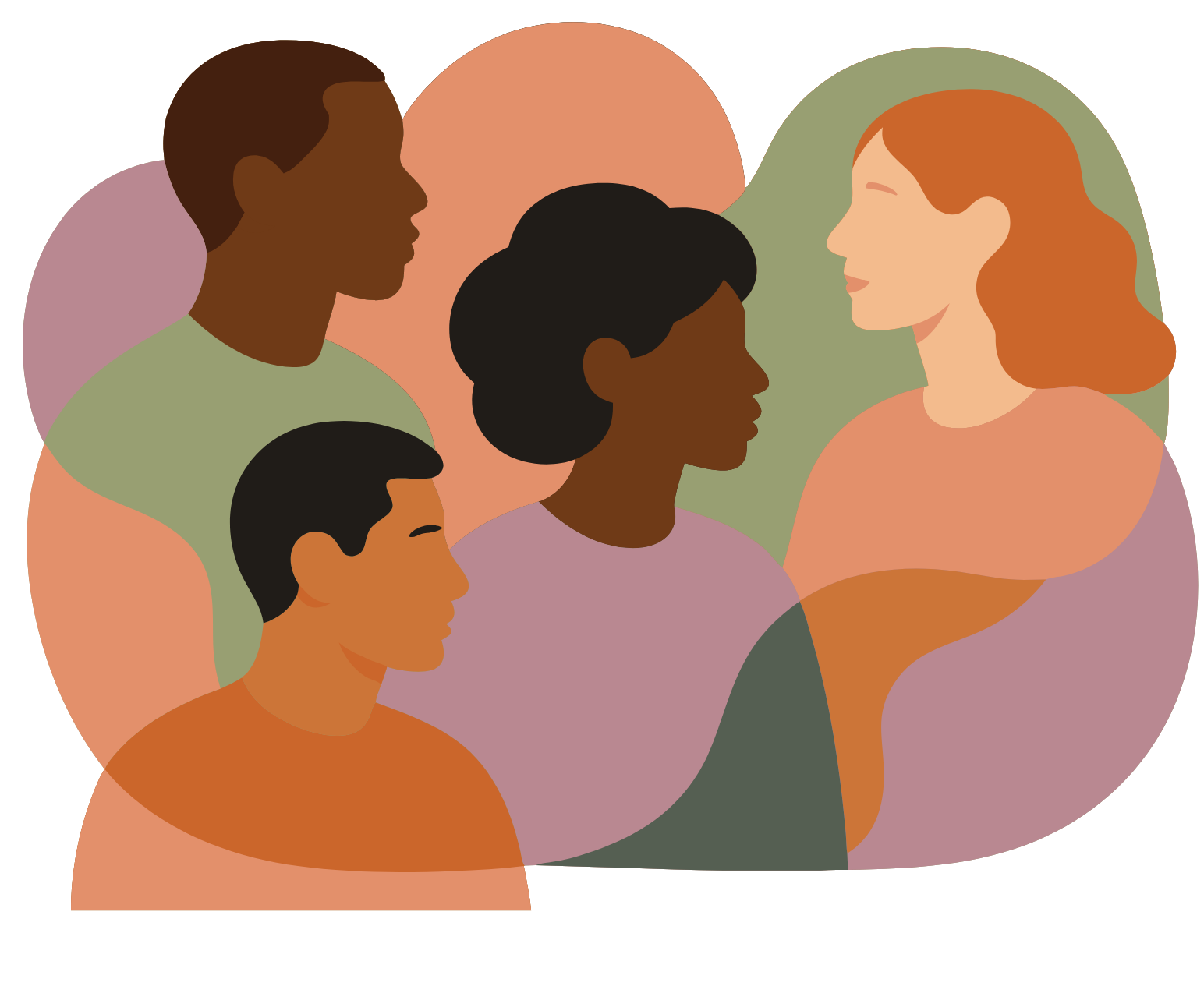 Illustration of diverse people in profile, facing each other, with overlapping colorful abstract shapes in the background.
