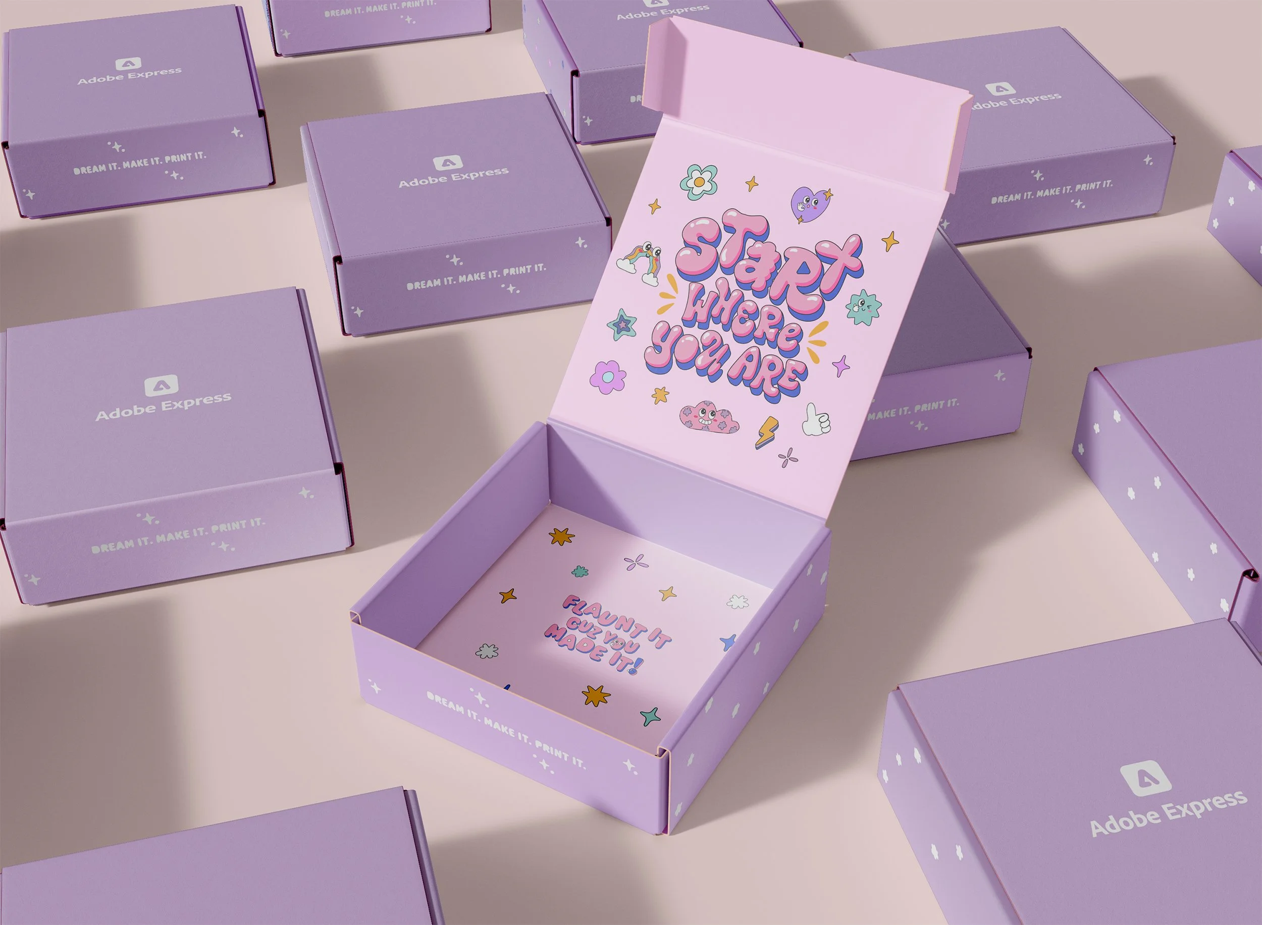 Adobe Express 'Dream it. Make it. Print it.' campaign packaging featuring sticker illustrations by Huyen Dinh